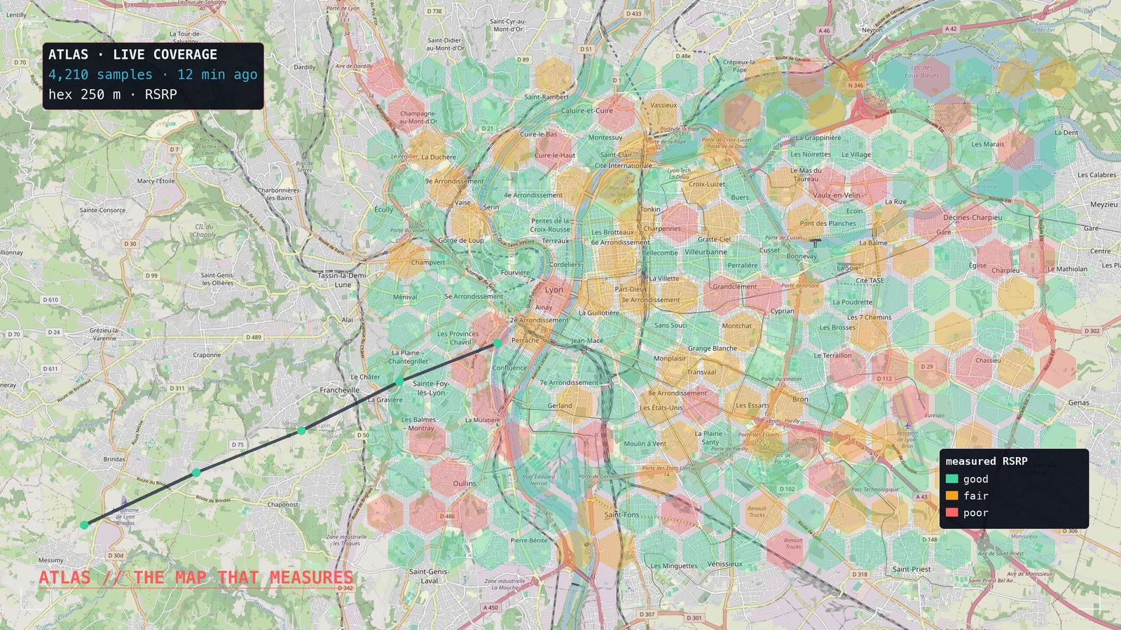 ATLAS live measured coverage hexes with drive-test trace