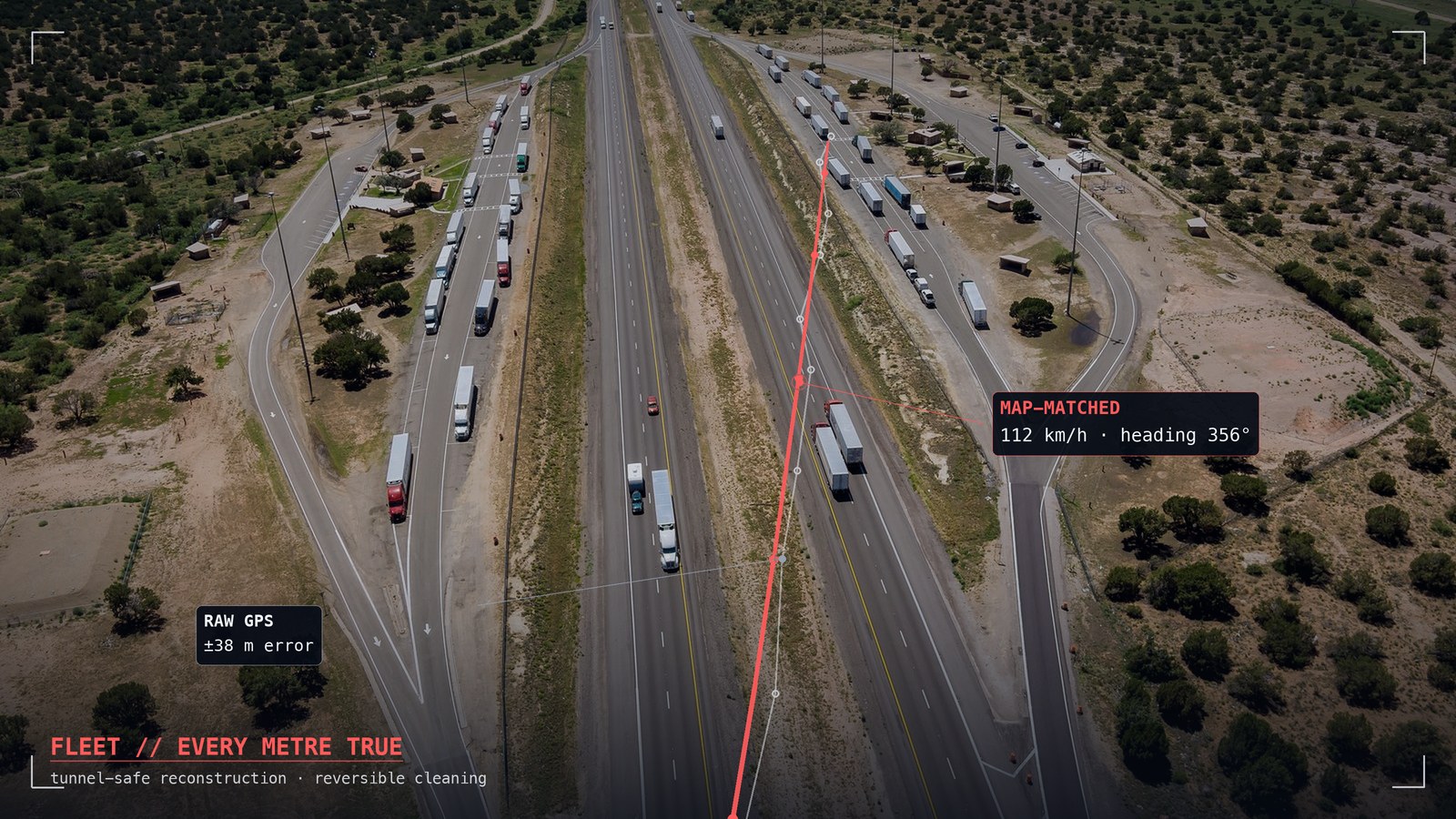Raw GPS vs map-matched trace on a highway